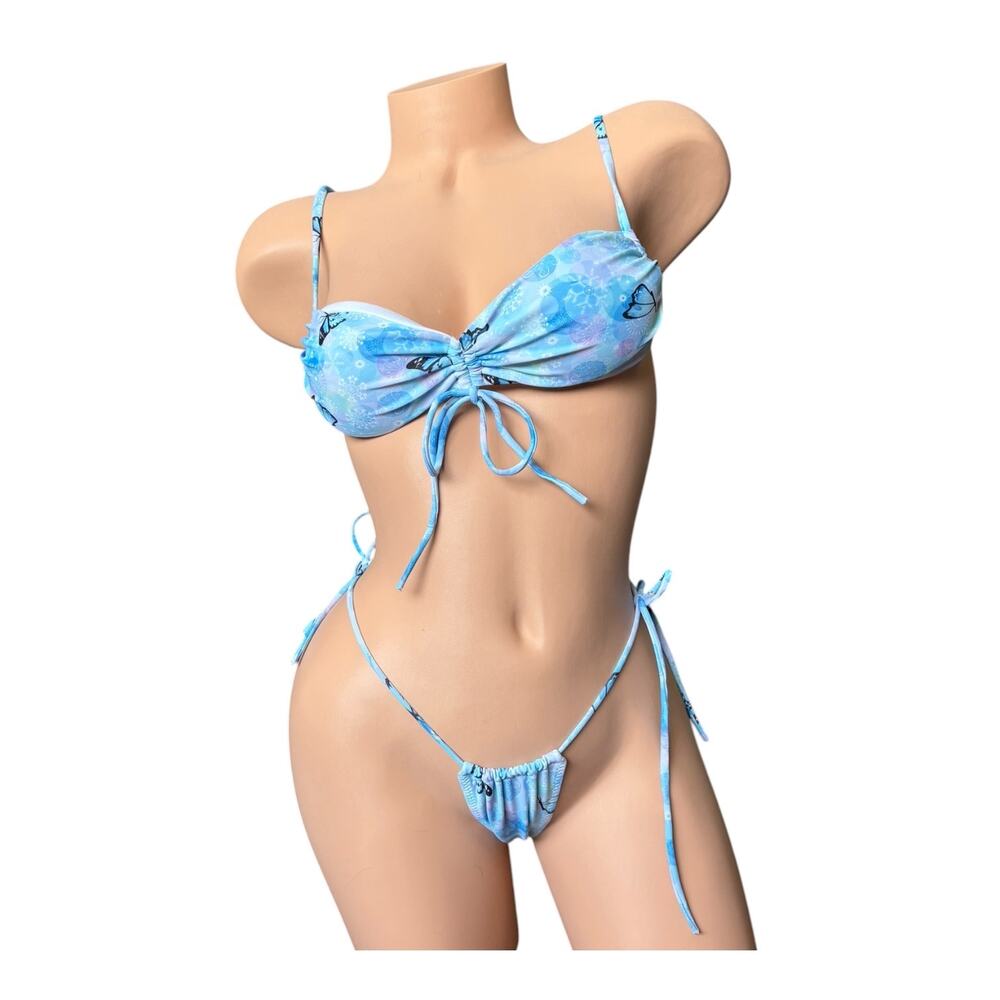 Oh Polly Y2K Blue Pastel Tie-Dye Butterfly Ruched String Mini Thong Bikini Set - Picture 3 of 9